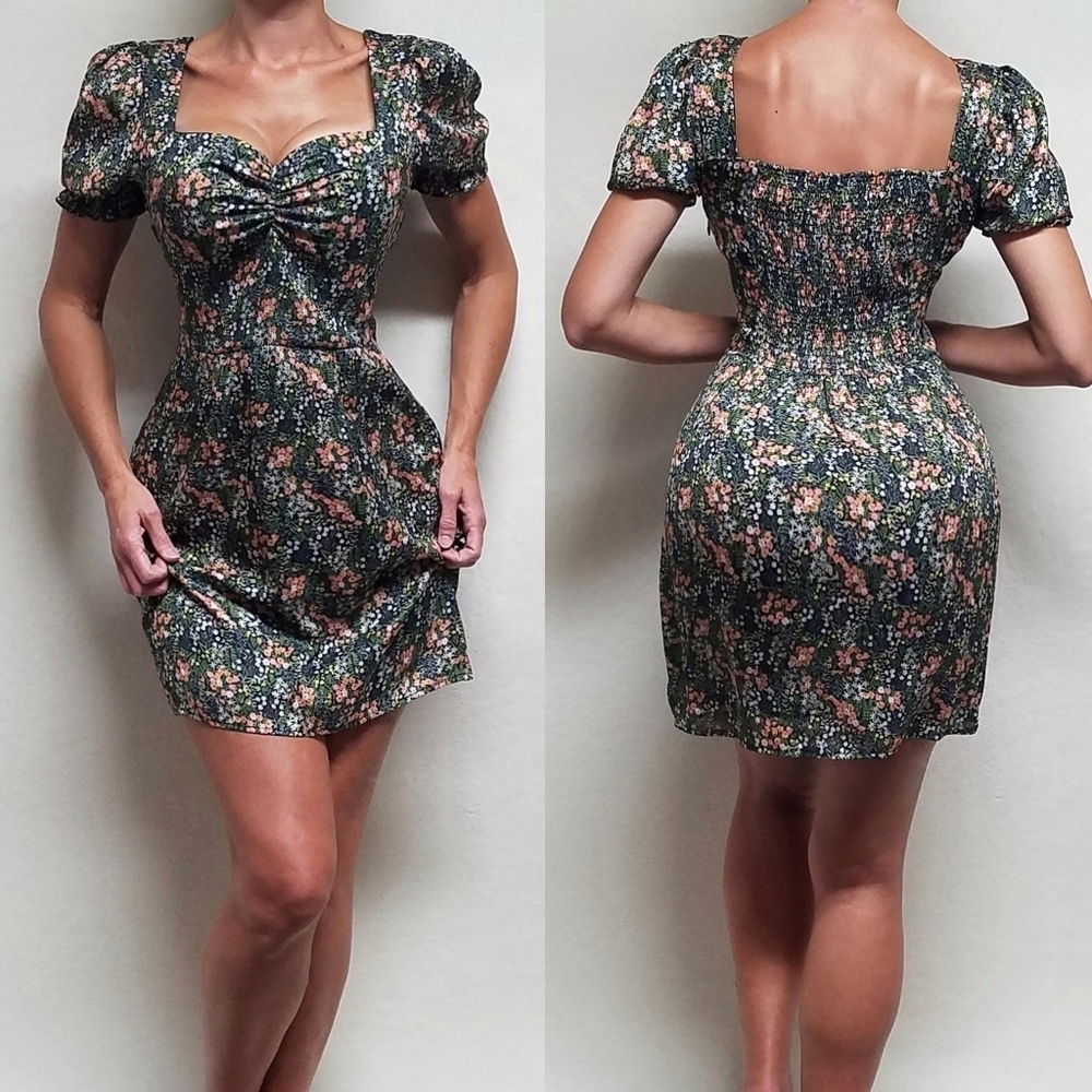 Anthropologie NSR Green Floral Satin Sweetheart Neckline Puff Sleeve Mini Dress